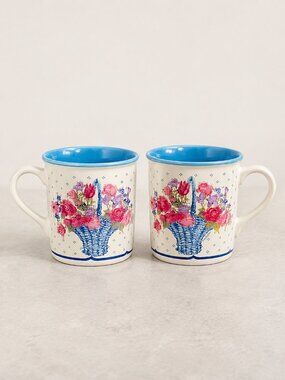 Vintage 1988 Potpourri Press Floral Basket Mugs Set of 2 Blue Interior Korea 8oz
